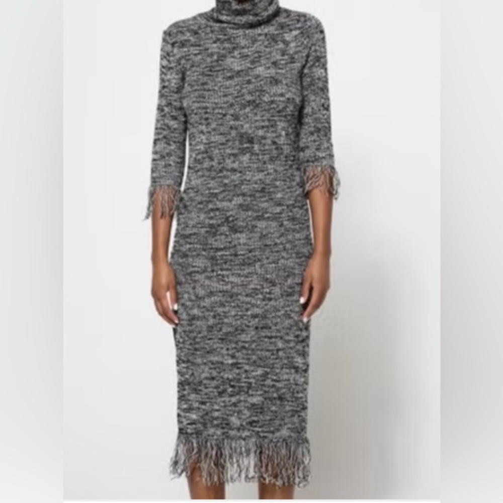 Oober Swank Black White Turtleneck Knit Sweater Dress Fringe size Small